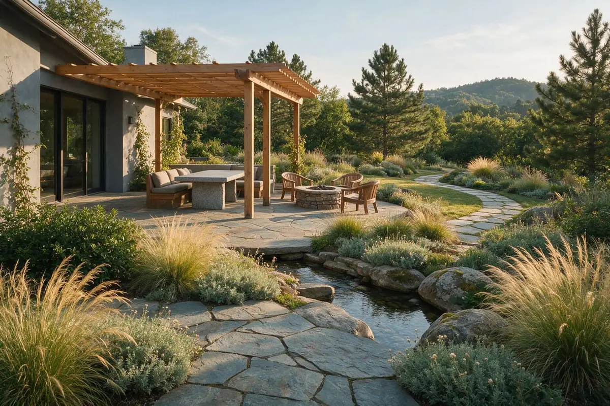Stone path winding through a planted garden